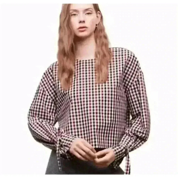 Aritzia Wilfred Elodie Top Women's S 100% Cotton With Tie Sleeves Gingham - Picture 1 of 7